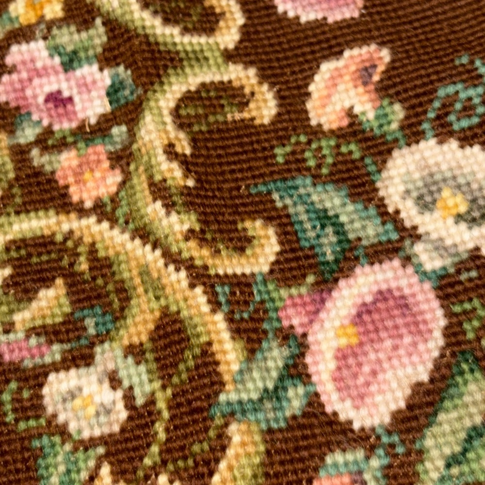 22” x 39” vintage handmade needlepoint tapestry floral bench panel upholstery - Picture 7 of 12